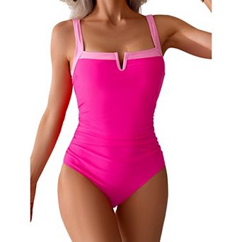 Women's V-Notch Square Neck Tummy Control One Piece Swimsuit, Adjustable Straps Bathing Suit