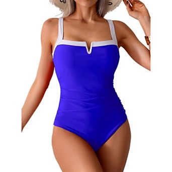 Women's V-Notch Square Neck Tummy Control One Piece Swimsuit, Adjustable Straps Bathing Suit