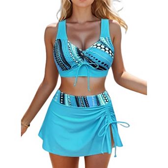 Women's Printed Drawstring Tankini Top & Skirted Bottom Swimsuit Set