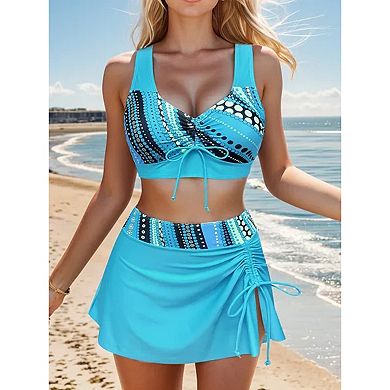 Women's Printed Drawstring Tankini Top & Skirted Bottom Swimsuit Set