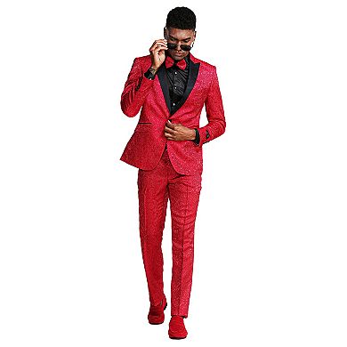 Men's 2pc Paisley Suit Set w/ Black Peak Lapel, Skinny-Fit
