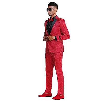 Men's 2pc Paisley Suit Set w/ Black Peak Lapel, Skinny-Fit