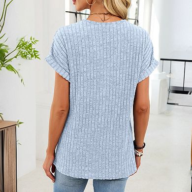 Womens Summer Blouse Short Sleeves V Neck Button Tops