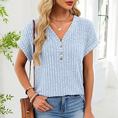 Womens Summer Blouse Short Sleeves V Neck Button Tops