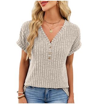 Womens Summer Blouse Short Sleeves V Neck Button Tops