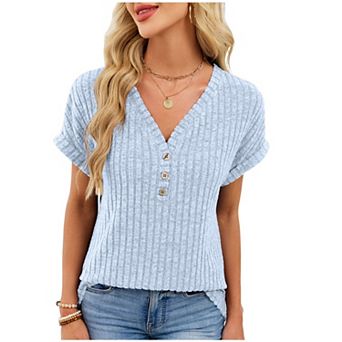 Womens Summer Blouse Short Sleeves V Neck Button Tops