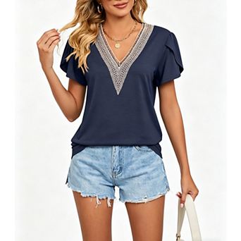 Women's V-Neck Short Sleeve Blouse Crochet Trim Summer Top