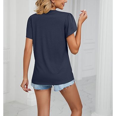 Women's V-Neck Short Sleeve Blouse Crochet Trim Summer Top