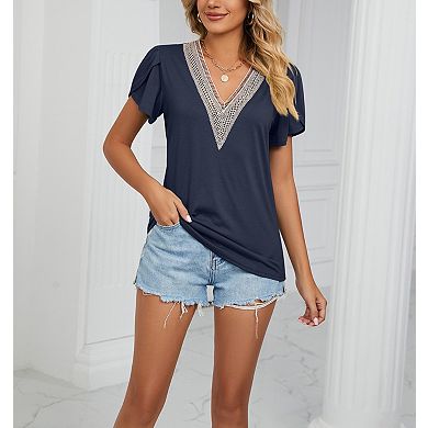 Women's V-Neck Short Sleeve Blouse Crochet Trim Summer Top