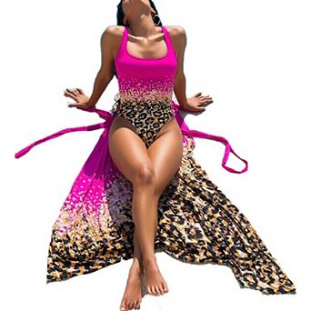 Women's 2 pc One Piece Swimsuit with Leopard Print Cover Up, Gradient Bathing Suit Set