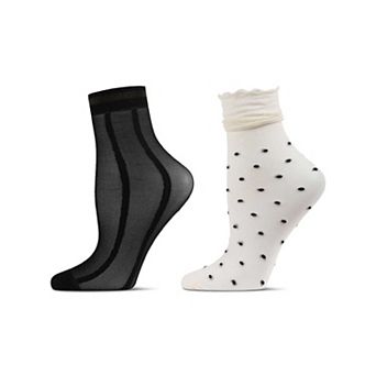2 Pair Women's Sheer Ankle Socks: Polka Dots & Metallic Shimmer Stripe