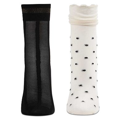 2 Pair Women's Sheer Ankle Socks: Polka Dots & Metallic Shimmer Stripe