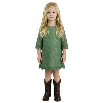 2Bunnies Girls' 12m-12yr Boho Rustic Vintage Lace Scalloped Hem 3/4 Sleeve Shift Dress