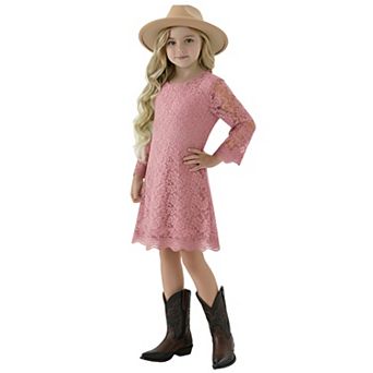 2Bunnies Girls' 7yr-12yr Boho Rustic Vintage Lace Scalloped Hem 3/4 Sleeve Shift Dress