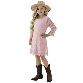 2Bunnies Girls' 7yr-12yr Boho Rustic Vintage Lace Scalloped Hem 3/4 Sleeve Shift Dress