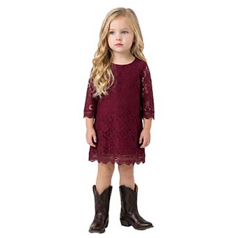 2Bunnies Girls' 12m-12yr Boho Rustic Vintage Lace Scalloped Hem 3/4 Sleeve Shift Dress