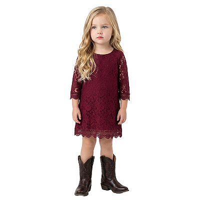 2Bunnies Girls' 12M-12Y Boho Country Rustic Lace Scalloped Trim Sleeve Flower Girl Dress Burgundy 4T