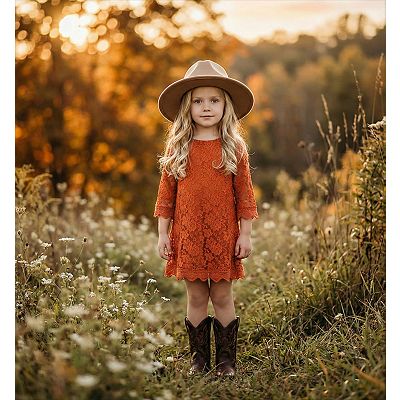 2Bunnies Girls' 12M-12Y Boho Country Rustic Lace Scalloped Trim Sleeve Flower Girl Dress Burgundy 6
