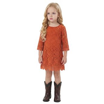 2Bunnies Girls' 12m-12yr Boho Rustic Vintage Lace Scalloped Hem 3/4 Sleeve Shift Dress