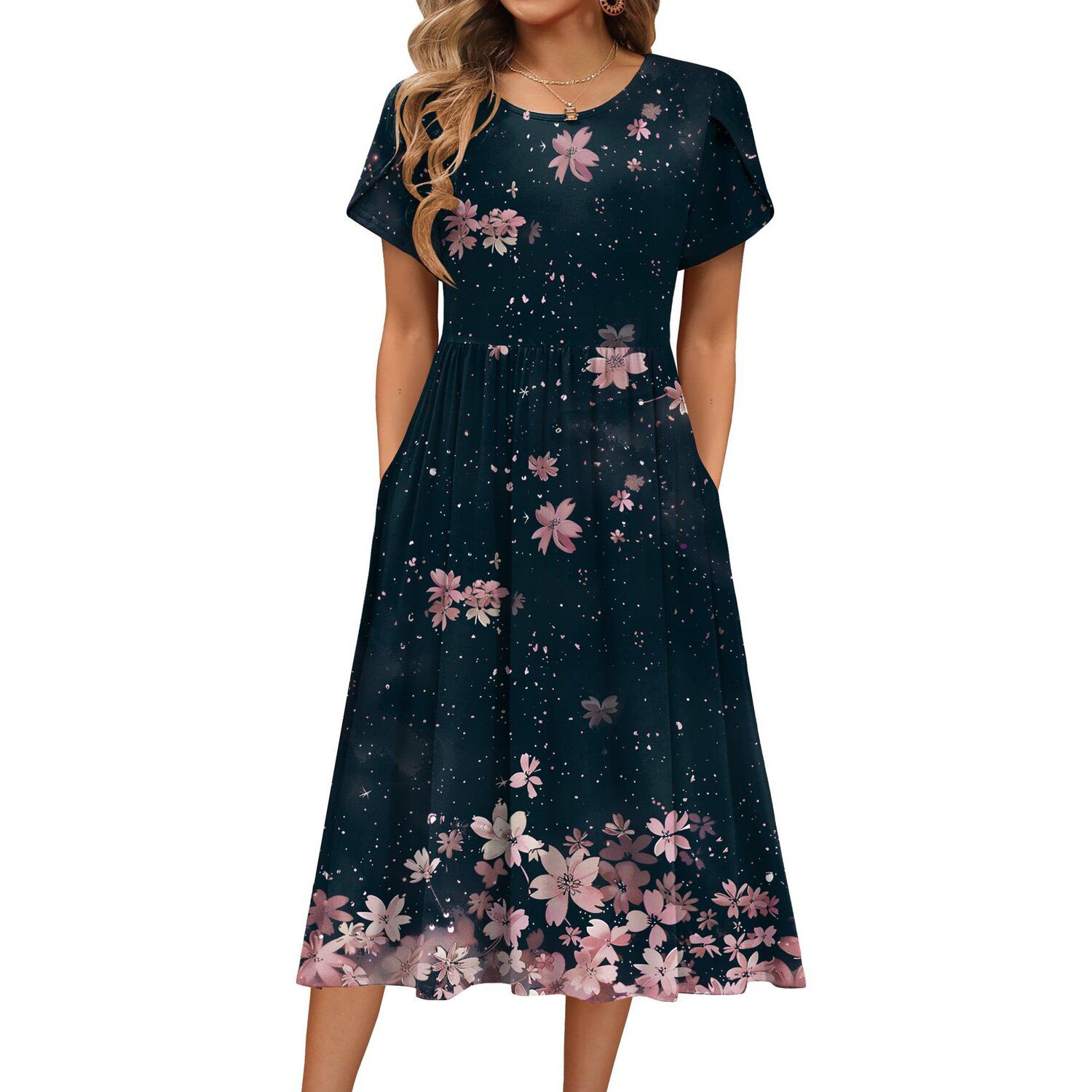 Женское платье Zeagoo Women Summer Dress Short Sleeve a-line midi Dress Long Beach Sundress with Pockets, цвет: Тёмно-синий с принтом