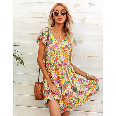 cotton t shirt swing dress Ynynloco Women's Plus Size 100%Cotton Short Sleeve Dress A-Line Tunic Basic T-Shirt Mini Dress Casual Comfy Pleated Swing Dresses with Pockets, Size: