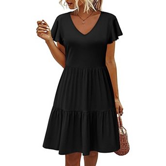 Zeagoo Women Cotton Tiered Dress Ruffled A-Line Swing Dress with Pockets V-Neck T-Shirt Dress