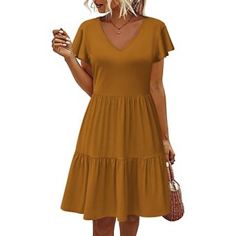 Zeagoo Women Cotton Tiered Dress Ruffled A-Line Swing Dress with Pockets V-Neck T-Shirt Dress