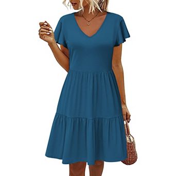 Zeagoo Women Cotton Tiered Dress Ruffled A-Line Swing Dress with Pockets V-Neck T-Shirt Dress