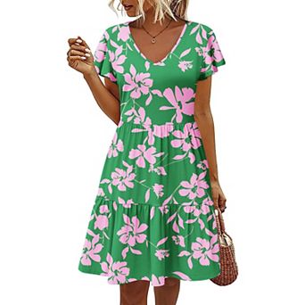 Zeagoo Women Cotton Tiered Dress Ruffled A-Line Swing Dress with Pockets V-Neck T-Shirt Dress
