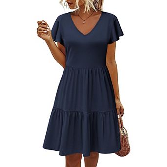 Zeagoo Women Cotton Tiered Dress Ruffled A-Line Swing Dress with Pockets V-Neck T-Shirt Dress