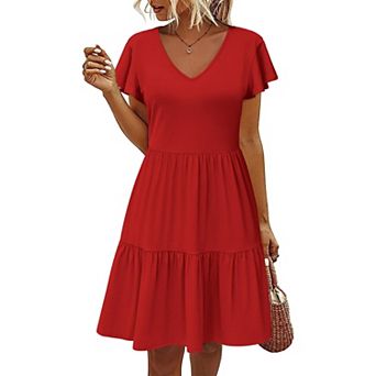 Zeagoo Women Cotton Tiered Dress Ruffled A-Line Swing Dress with Pockets V-Neck T-Shirt Dress