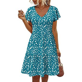 Zeagoo Women Cotton Tiered Dress Ruffled A-Line Swing Dress with Pockets V-Neck T-Shirt Dress