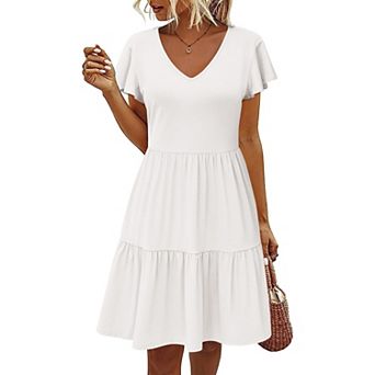 Zeagoo Women Cotton Tiered Dress Ruffled A-Line Swing Dress with Pockets V-Neck T-Shirt Dress