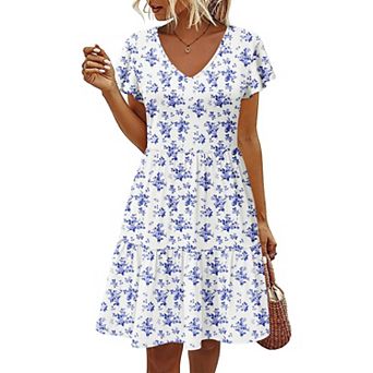 Zeagoo Women Cotton Tiered Dress Ruffled A-Line Swing Dress with Pockets V-Neck T-Shirt Dress