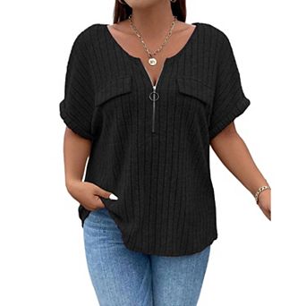 T-Shirts for Women V Neck Zipper Fake Pocket Oversized Ladies Ribbed Short Sleeve Tunic Top