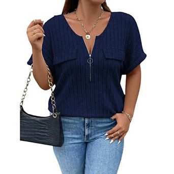 T-Shirts for Women V Neck Zipper Fake Pocket Oversized Ladies Ribbed Short Sleeve Tunic Top