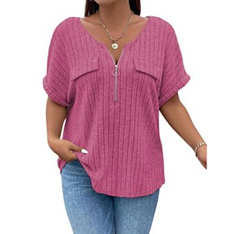 T-Shirts for Women V Neck Zipper Fake Pocket Oversized Ladies Ribbed Short Sleeve Tunic Top