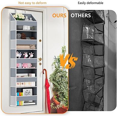 Our heavy duty door organizer hanging unit features reinforced stitching and sturdy support boards t