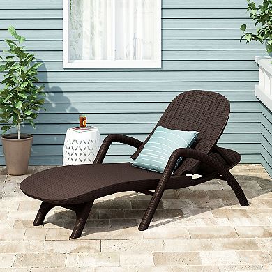 Wicker Chaise Lounge With Reclining Backrest For Outdoor Pool Deck