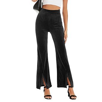 Womens Velvet Flared Pants Casual High Waist Elastic Waist Split Hem Bottom Trousers for Cocktail