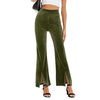 Womens Velvet Flared Pants Casual High Waist Elastic Waist Split Hem Bottom Trousers for Cocktail