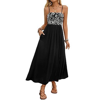 Womens Square Neck Maxi Dresses Sleeveless Patchwork Smocked Waist Spaghetti Strap Summer Outfits