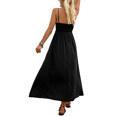 Womens Square Neck Maxi Dresses Sleeveless Patchwork Smocked Waist Spaghetti Strap Summer Outfits