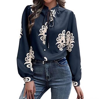 Women Damask Print Tie Neck Stand Collar Blouse Button Down Long Sleeve Shirt Summer Casual Fall Top