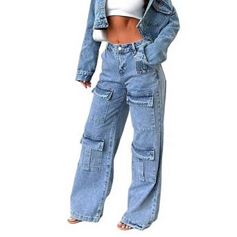 Women Cargo Pants Low Waisted Wide Leg Casual Denim Jeans 6 Pockets Y2K Streetwear Baggy Jeans