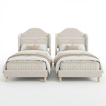 Twin Size Upholstered Velvet Princess Bed Frame, 2 PCS, Wingback