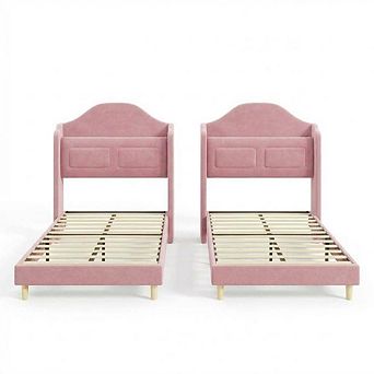 Twin Size Upholstered Velvet Princess Bed Frame, 2 PCS, Wingback