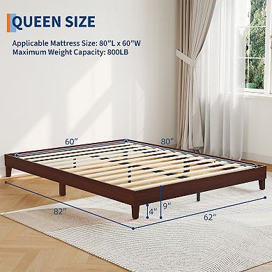 Queen Size Wooden Platform Bed Frame, Sturdy Support, No Box Spring Needed, Dark Walnut Finish