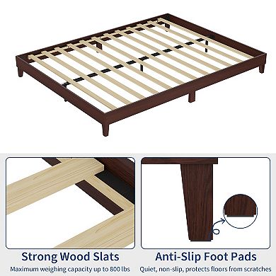 Queen Size Wooden Platform Bed Frame, Sturdy Support, No Box Spring Needed, Dark Walnut Finish
