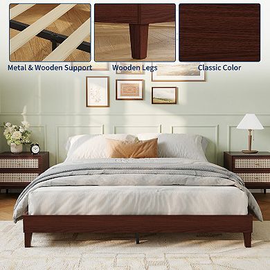 Queen Size Wooden Platform Bed Frame, Sturdy Support, No Box Spring Needed, Dark Walnut Finish